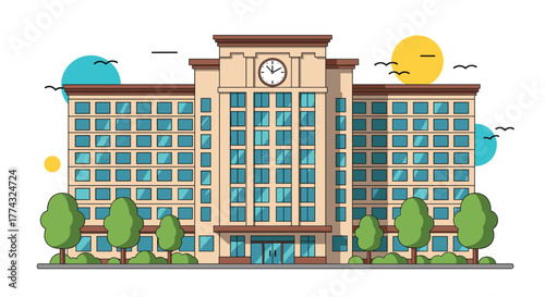 Modern school building with clock tower facade, geometric window pattern, and stylized trees in front under a sunny, playful sky.