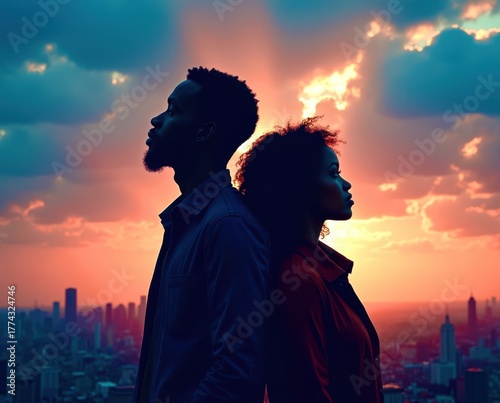 A man and a woman are standing in a field with the sun setting behind them
