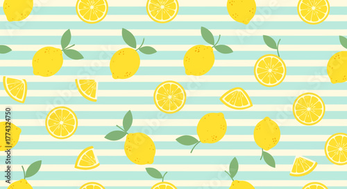 Seamless pattern of fresh yellow lemons, slices, and wedges with green leaves on a light blue and cream striped background.