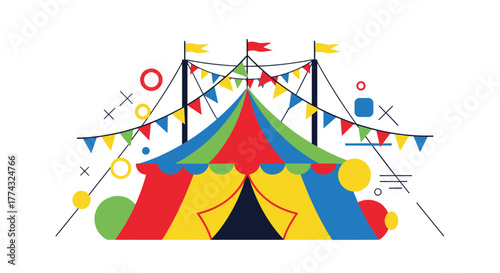 Colorful cartoon circus tent with flags, pennants, circles, squares, and crosses creates a festive and inviting atmosphere for entertainment.