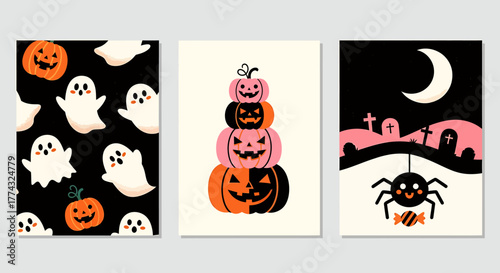Three Halloween-themed illustrations featuring pumpkins, ghosts, a spider, and a graveyard scene under a crescent moon.