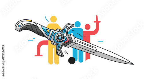 A futuristic dagger with a white and blue handle sits against a background of three stick figures representing a group of people.