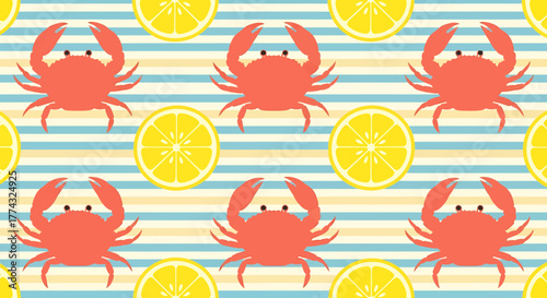 A seamless pattern featuring red crabs and yellow lemon slices on a background of blue and yellow stripes.