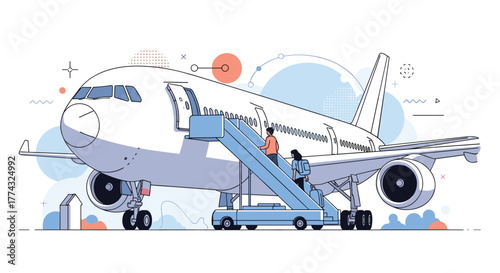 Modern airline illustration features passengers boarding a plane via mobile stairs, set against abstract design elements and a clean background.