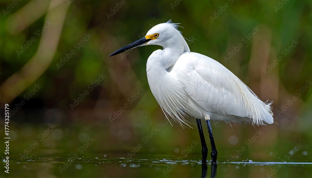 Naklejka premium A white heron stands elegantly in shallow water, showcasing its beauty