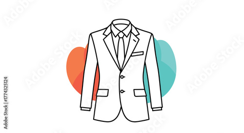 A stylish line art illustration of a white suit coat with shirt and tie against a colorful background adds visual interest and flair.
