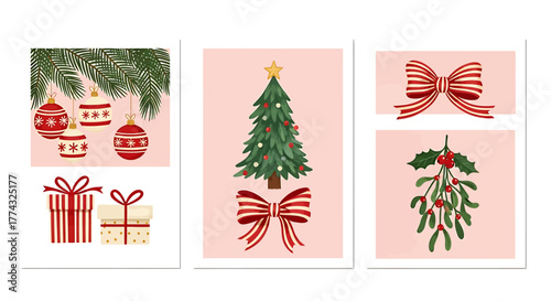 Christmas-themed illustrations featuring ornaments, a decorated tree, gifts, bows, and mistletoe on a pink background.