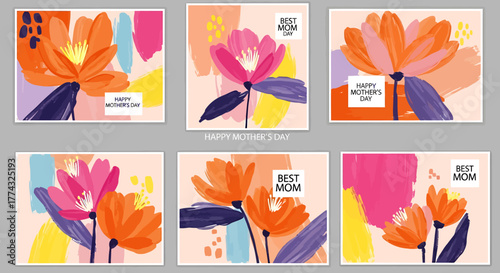 A collection of six contemporary greeting cards for Mother's Day featuring vibrant, abstract floral illustrations.
