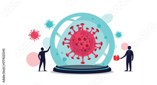 Coronavirus in a bubble with two people, depicting the pandemic, vaccine, lockdown, and protection against COVID-19 virus.