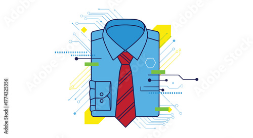 Illustration of a blue collared shirt with a red tie and technology design elements creates a modern professional or business concept.