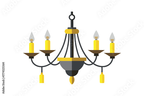 Elegant antique chandelier with six candle shaped bulbs hanging from a chain isolated on white background