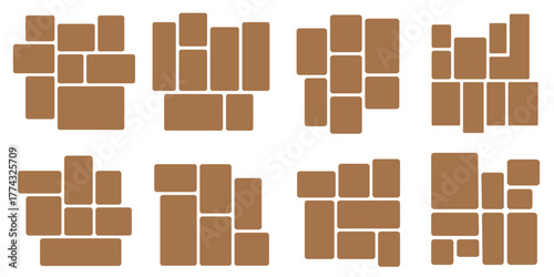 6 photo collage mockup frame. Image collage layout template set. Photo album or memory wall idea for banner, poster, mockup, flyer, brochure. Vector illustration