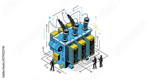 Illustration of a power transformer with technicians analyzing its operations, showcasing energy infrastructure and industrial technology.