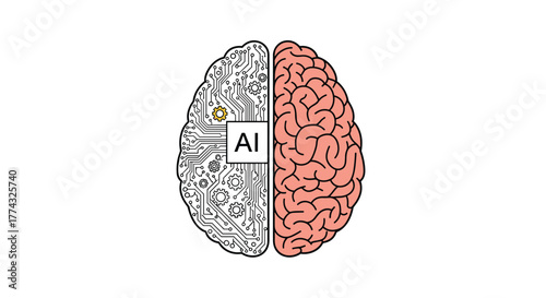 AI Versus Human Brain: Half of a brain with integrated circuits and gears, the other half a pink organic brain with a box labeled AI.