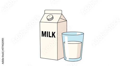 Cartoon depiction of a milk carton next to a glass partially filled with milk on a white background evokes a sense of refreshment and health.