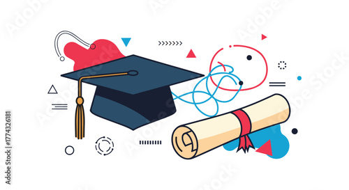 A whimsical illustration of a graduation cap and diploma set against a backdrop of abstract shapes conveys celebration of academic achievement.