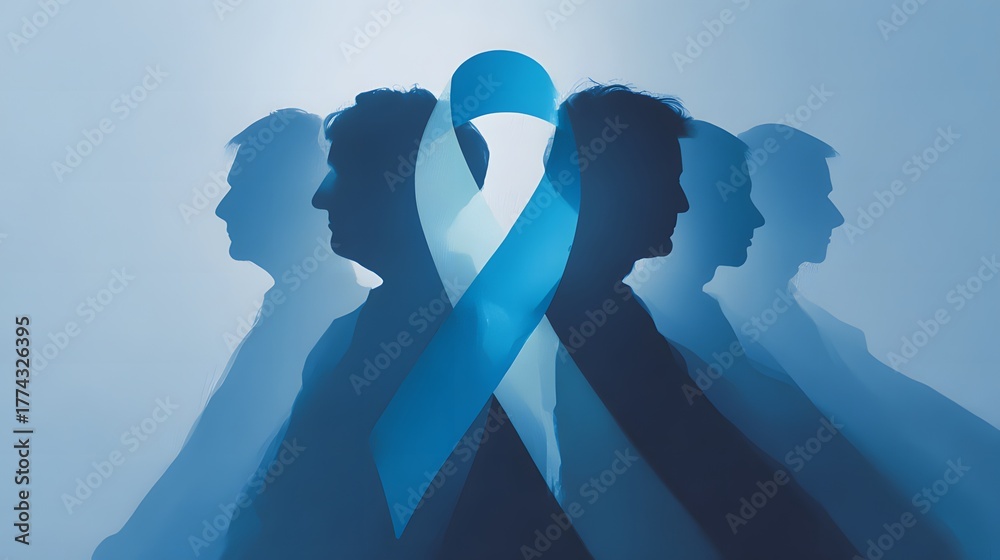 Obraz premium Artistic awareness poster design where the silhouettes of several men are positioned harmoniously to create the recognizable form of a blue ribbon for strength, and hope in prostate cancer awareness