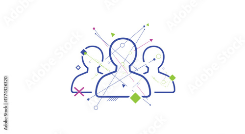 Abstract representation of collaboration shows three stylized figures with lines and shapes connecting them, symbolizing teamwork and communication.