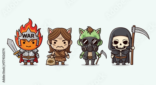 Four whimsical chibi characters representing War, Famine, Pestilence, and Death in a playful, stylized design