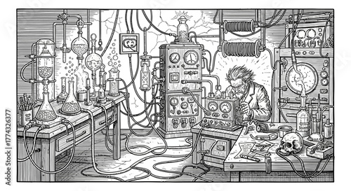 Mad scientist intensely works on complex electrical apparatus in vintage laboratory filled with bubbling flasks and scientific equipment