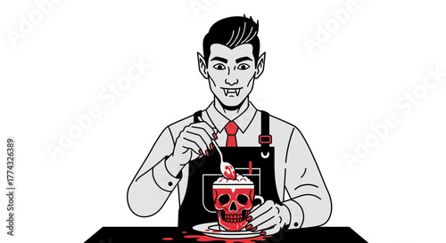 Mysterious vampire barista crafts a spooky crimson beverage in a skull-shaped mug, perfect for Halloween promotions and dark fantasy themes.