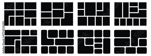 6 photo collage mockup frame. Image collage layout template set. Photo album or memory wall idea for banner, poster, mockup, flyer, brochure. Vector illustration