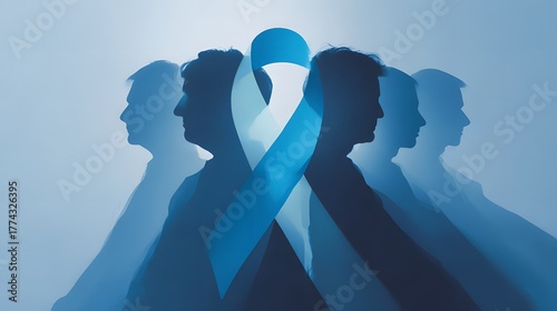 Artistic awareness poster design where the silhouettes of several men are positioned harmoniously to create the recognizable form of a blue ribbon for strength, and hope in prostate cancer awareness