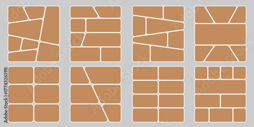 6 photo collage mockup frame. Image collage layout template set. Photo album or memory wall idea for banner, poster, mockup, flyer, brochure. Vector illustration