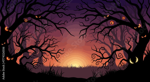 Spooky haunted forest at sunset with glowing eyes peering from twisted branches, creating an eerie and mysterious atmosphere.