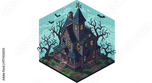 Spooky haunted mansion with creepy trees and bats flying on a pixel art Halloween night