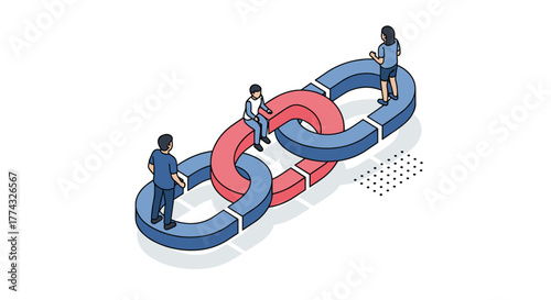 Teamwork is essential for building strong links and achieving success as illustrated by a group working together on a chain link structure.