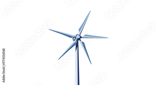 A tall blue wind turbine stands against a white background, representing green energy, renewable resources, and environmental protection.