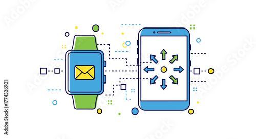 Smartwatch and smartphone synchronization with message transfer, symbolizing connectivity, data sharing, and communication between devices.