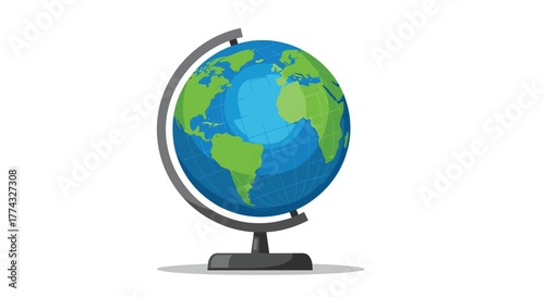 Cartoon illustration of a desktop globe showing continents and oceans supported by a metal arc and base on a white background.