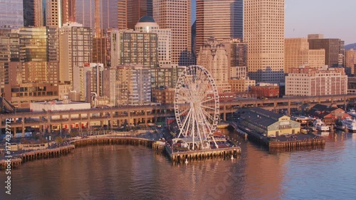 Aerial shot of Seattle city skyline at sunset. 