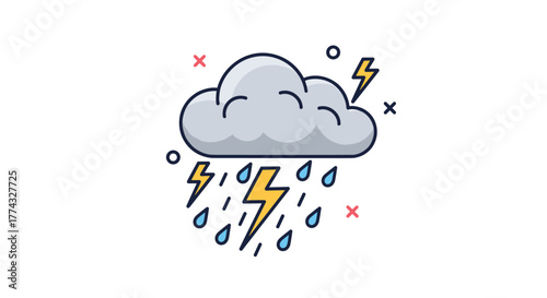 Illustration of a storm cloud with raindrops and lightning bolts, representing a weather forecast or severe weather condition.