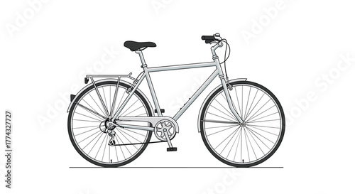 A silver bicycle with a rear rack and dark seat and handlebars stands on a flat surface, ready for a leisurely ride or efficient transport.