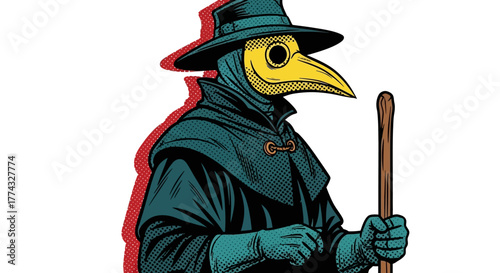 Mysterious plague doctor with iconic mask and staff embodies historical medical mystery and foreboding atmosphere