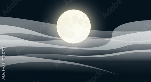 Mysterious glowing full moon illuminating ethereal wisps of fog across a dark, abstract landscape creating a dreamlike, celestial atmosphere