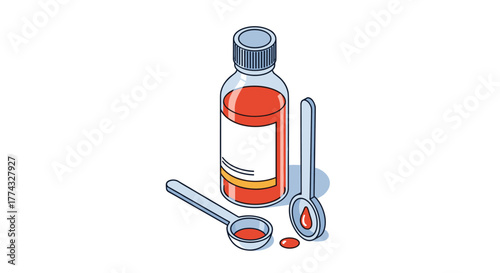 Isometric illustration of cough syrup bottle with dosing spoons, depicting medication dosage and health remedies for illnesses.