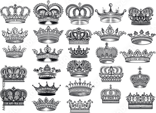 crown, crowns, royal crown, vintage crown, king crown, queen crown, royal, monarchy, luxury, hand drawn, line art, antique, baroque, ornate, detailed, vector, black and white, engraving, illustration,