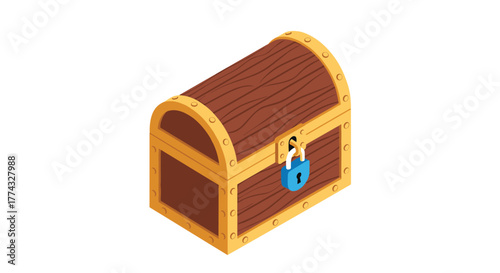 Isometric illustration of a wooden treasure chest, locked with a blue padlock, and ready to secure valuable items and hidden secrets.
