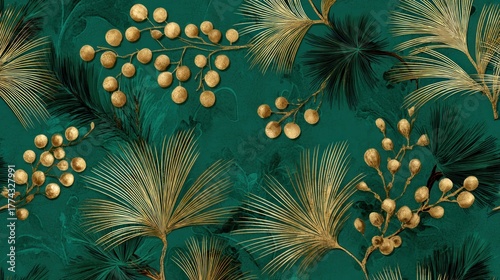A dark green and gold floral pattern with intricate details on a dark green background.