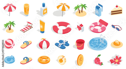 Isometric summertime illustration featuring beach umbrellas, sunscreen, swimming pool, and other vacation essentials for a sunny day.