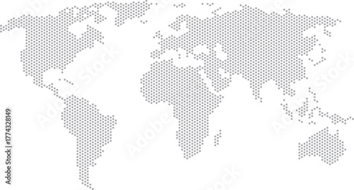 World map made of light gray hexagons on white background—modern, abstract, and ideal for data visuals, tech design, or global themes.