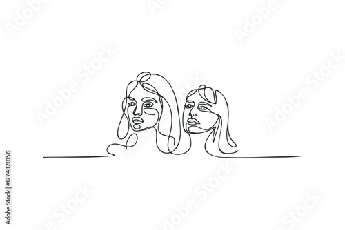 Two women portraits drawn with single continuous line