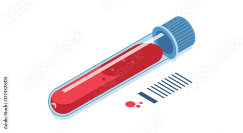 Isometric blood sample in a test tube with a barcode, representing medical analysis, diagnostic testing, or scientific research.