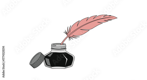 Quill in inkwell with the lid beside it, creating a vintage writer theme against a white background, ideal for creative projects.