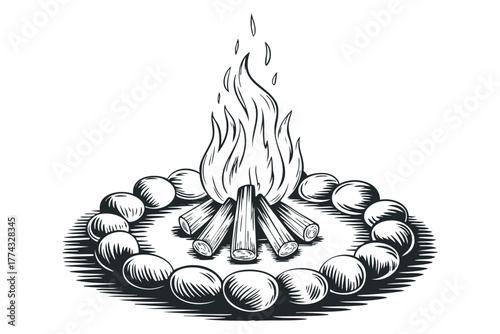 Campfire with logs and surrounding stones