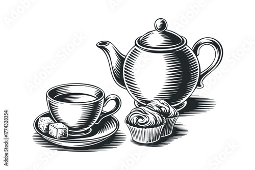 Teapot cup cupcakes and sugar cubes still life